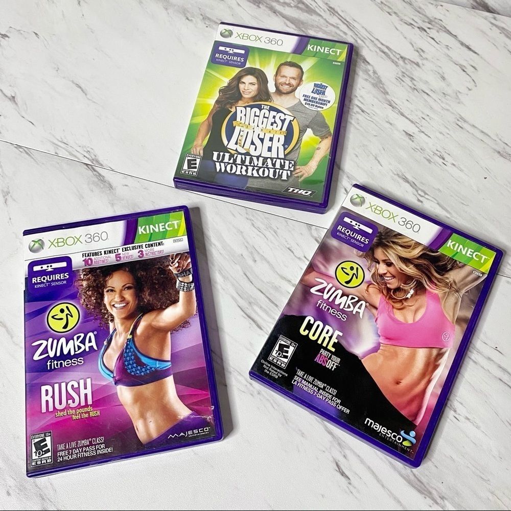 Xbox 360 Kinect Fitness Games Bundle Zumba Rush Core Biggest Loser Workout 3 Lot